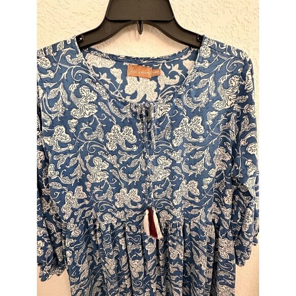 Shae by Sassafras Women's Blue/White Floral 3/4 Sleeves Tasseled Sundress. XL - Picture 3 of 10